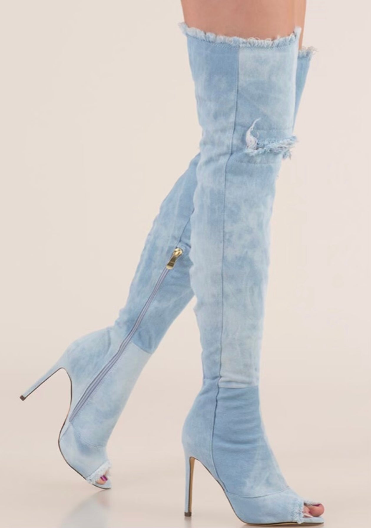 “She’s All That” thigh-high denim boot