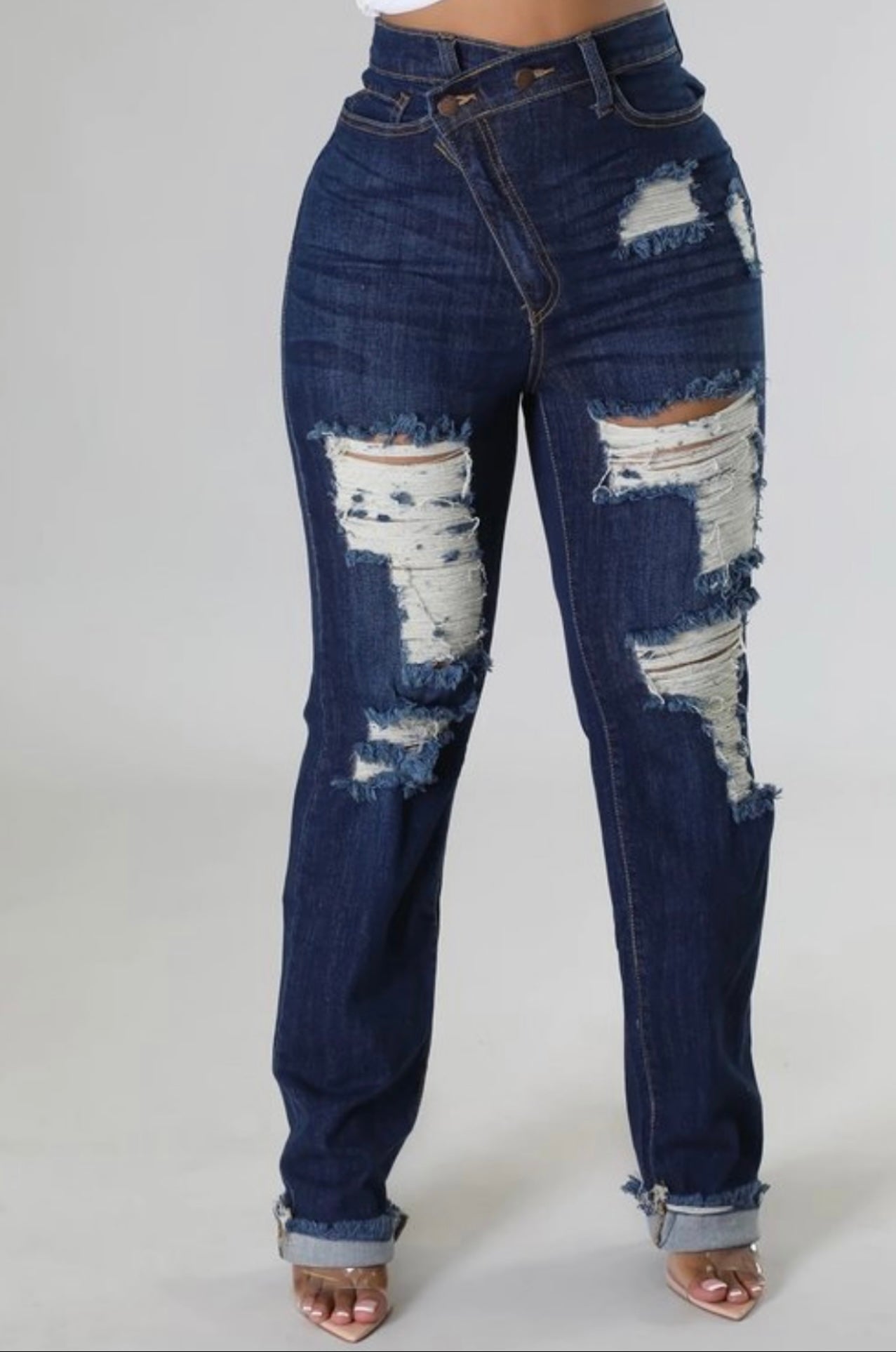 “N 2 Deep” distressed jeans with crossover button