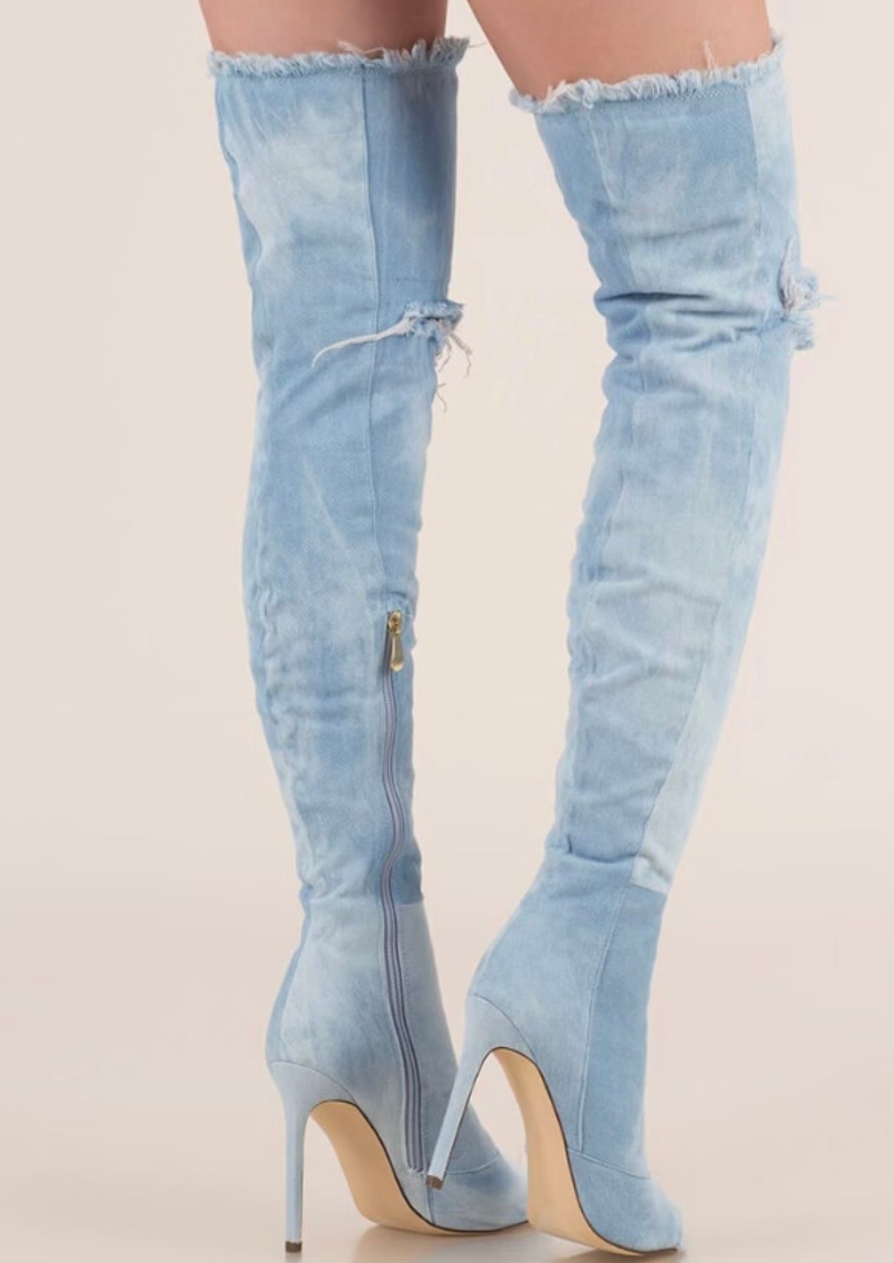 “She’s All That” thigh-high denim boot